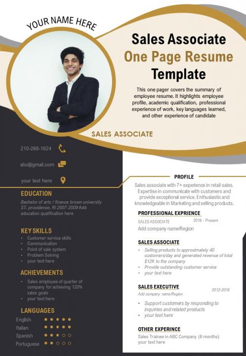 Sales associate one page resume template presentation report infographic ppt pdf document Slide01