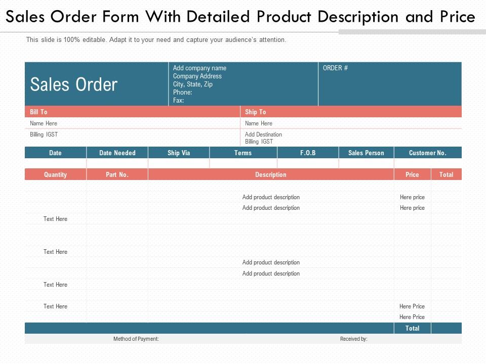 Sales Order Form With Detailed Product Description And Price