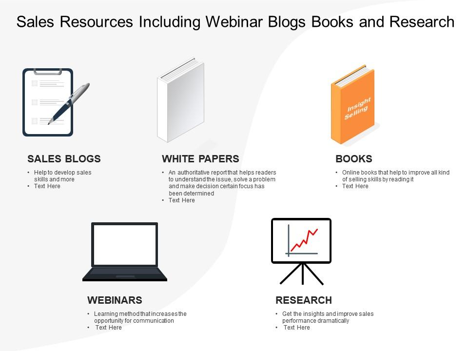 Sales resources including webinar blogs books and research