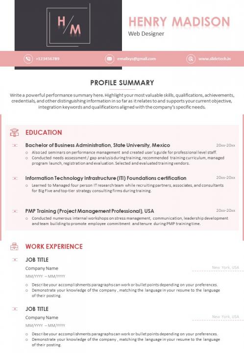 Sample resume template for web designer with profile summary Slide01