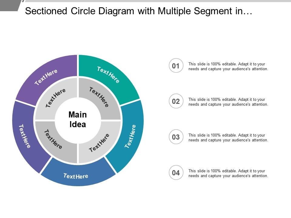 Sectioned circle diagram with multiple segment in different colors Slide01