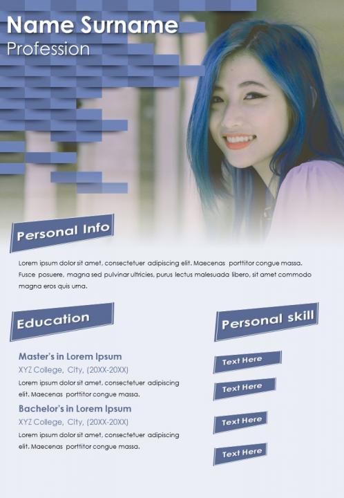 Self introduction creative resume cv sample with personal info and skills Slide01