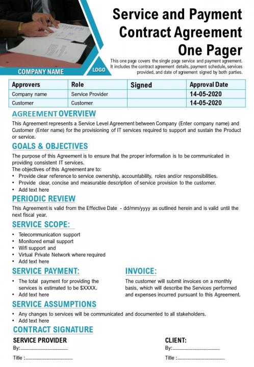 Service and payment contract agreement one pager presentation report infographic ppt pdf document Slide01
