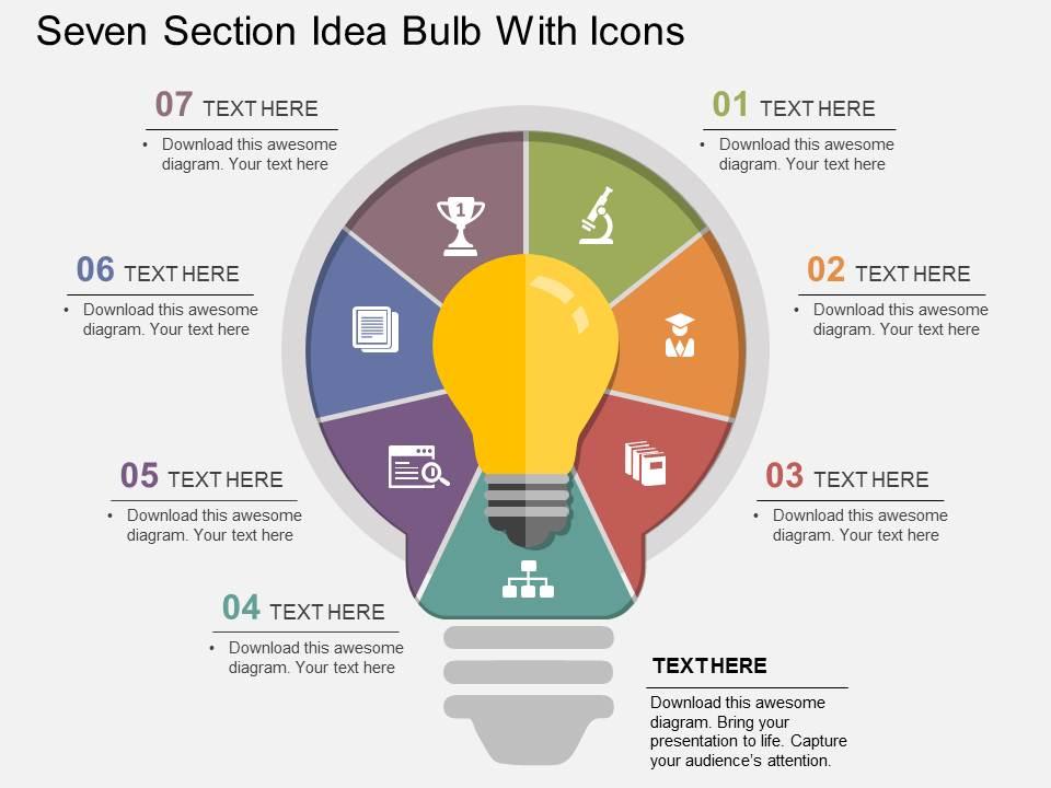 Seven section idea bulb with icons flat powerpoint design Slide01