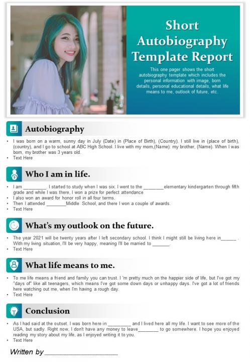 Short autobiography template report presentation report infographic ppt pdf document Slide01