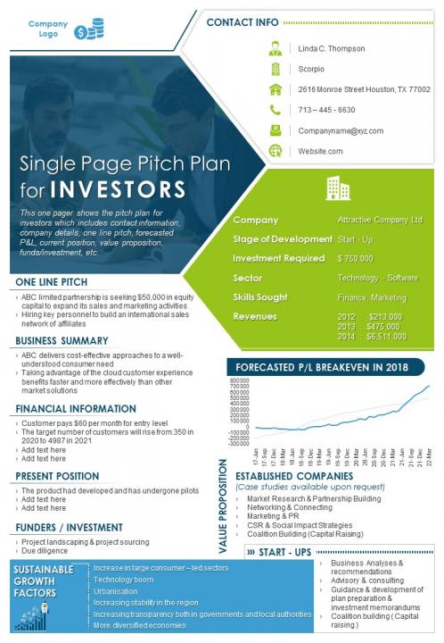 Single page pitch plan for investors presentation report infographic ppt pdf document Slide01
