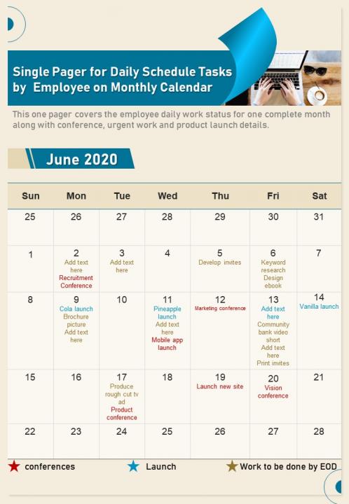 Single pager for daily schedule tasks by employee on monthly calendar report infographic ppt pdf document Slide01