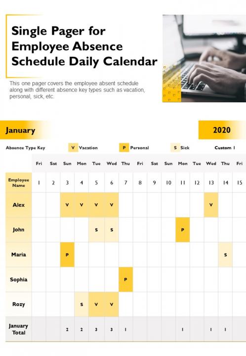 Single pager for employee absence schedule daily calendar presentation report infographic ppt pdf document Slide01
