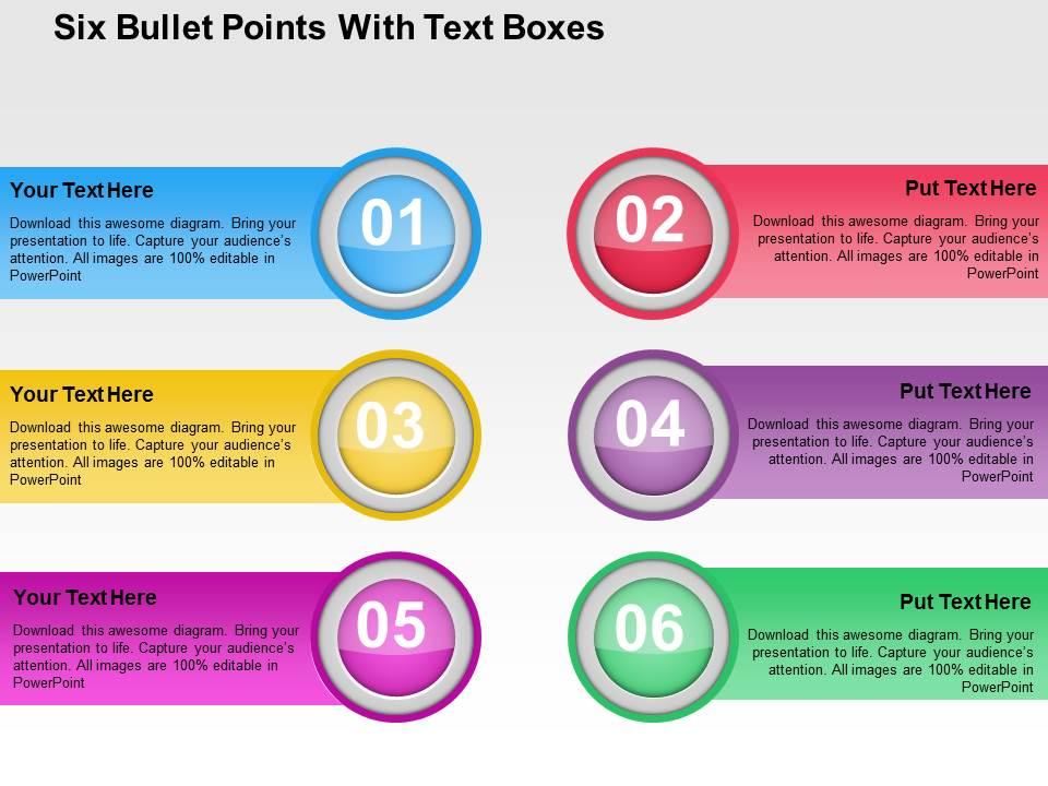 six_bullet_points_with_text_boxes_flat_powerpoint_design_Slide01
