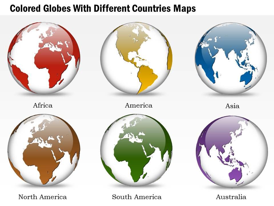 Six colored globes with different countries maps ppt presentation slides Slide00