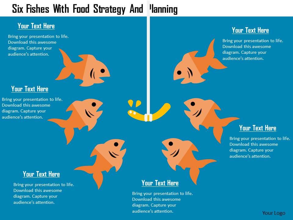 Six fishes with food strategy and planning flat powerpoint design Slide01