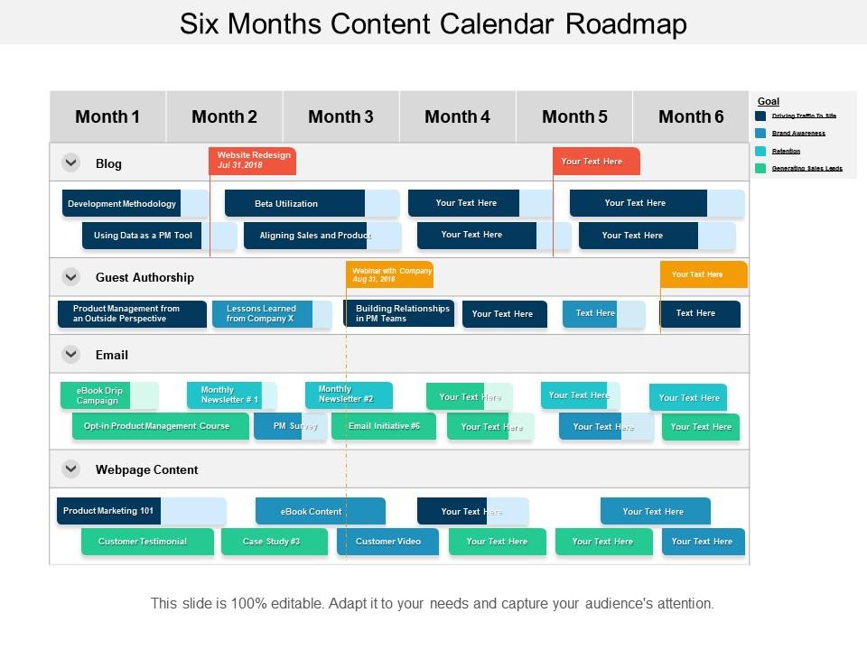 Six months content calendar roadmap Slide01
