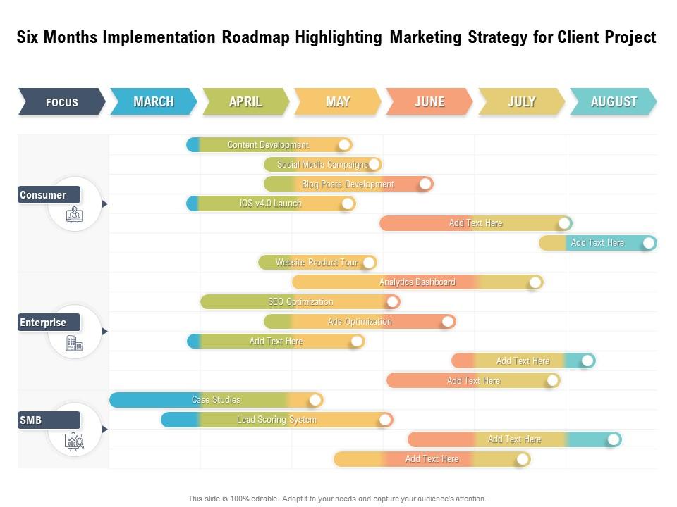 Six months implementation roadmap highlighting marketing strategy for client project Slide00