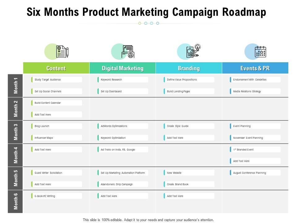 Six months product marketing campaign roadmap Presentation Graphics