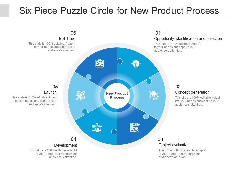 Six piece puzzle circle for new product process Slide01
