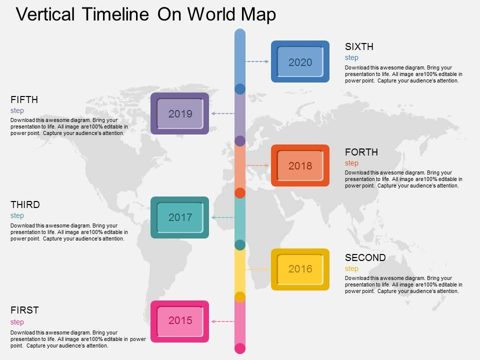 Six staged vertical timeline on world map ppt presentation slides Slide00