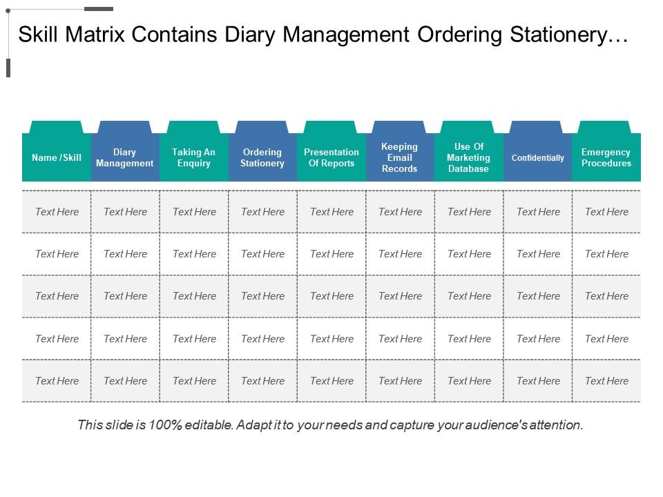 Skill matrix contains diary management ordering stationery and confidentiality Slide01