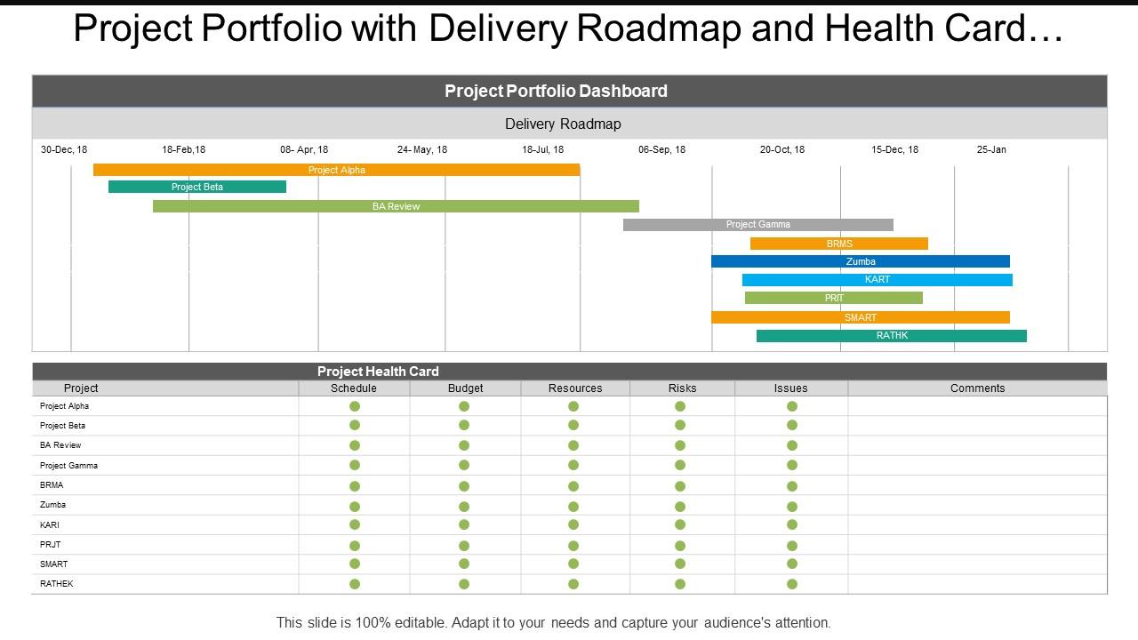 Project portfolio with delivery roadmap and health card dashboards