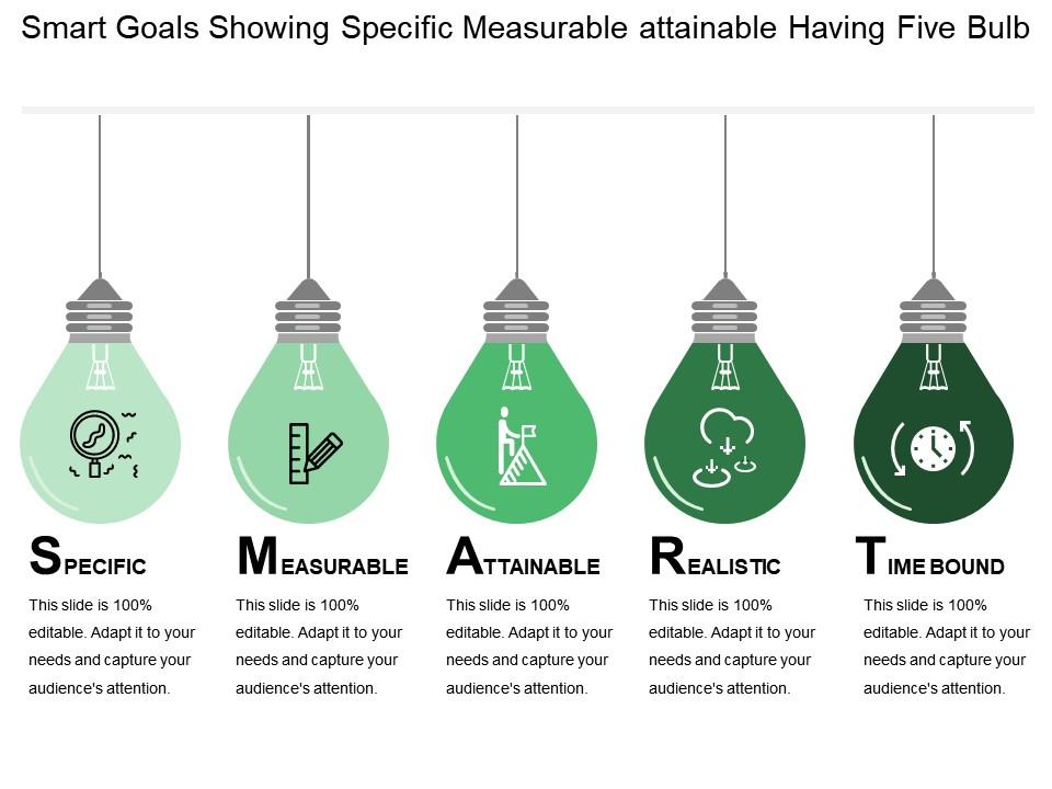 Smart goals showing specific measurable attainable having five bulb Slide00