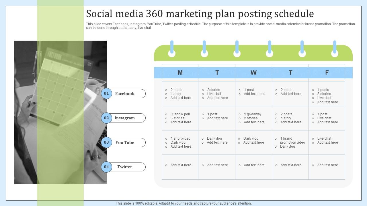 Social Media 360 Marketing Plan Posting Schedule PPT Presentation