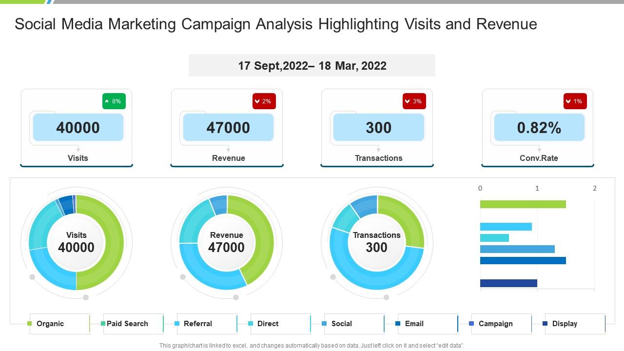Social media marketing campaign analysis highlighting visits and revenue