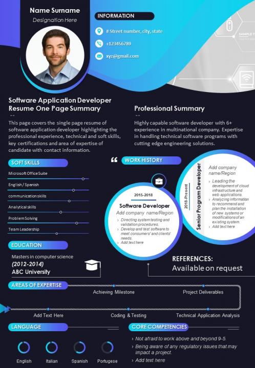 Software application developer resume one page summary presentation report infographic ppt pdf document Slide01
