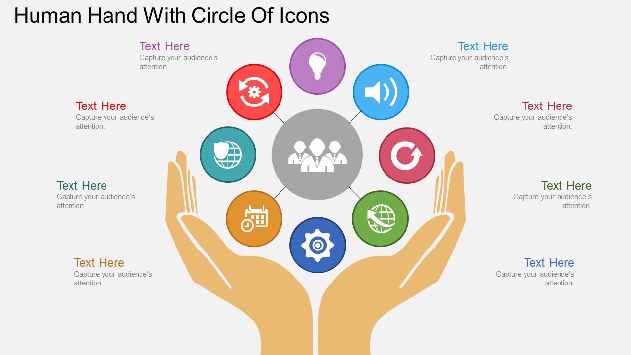 Sr human hand with circle of icons flat powerpoint design Slide01