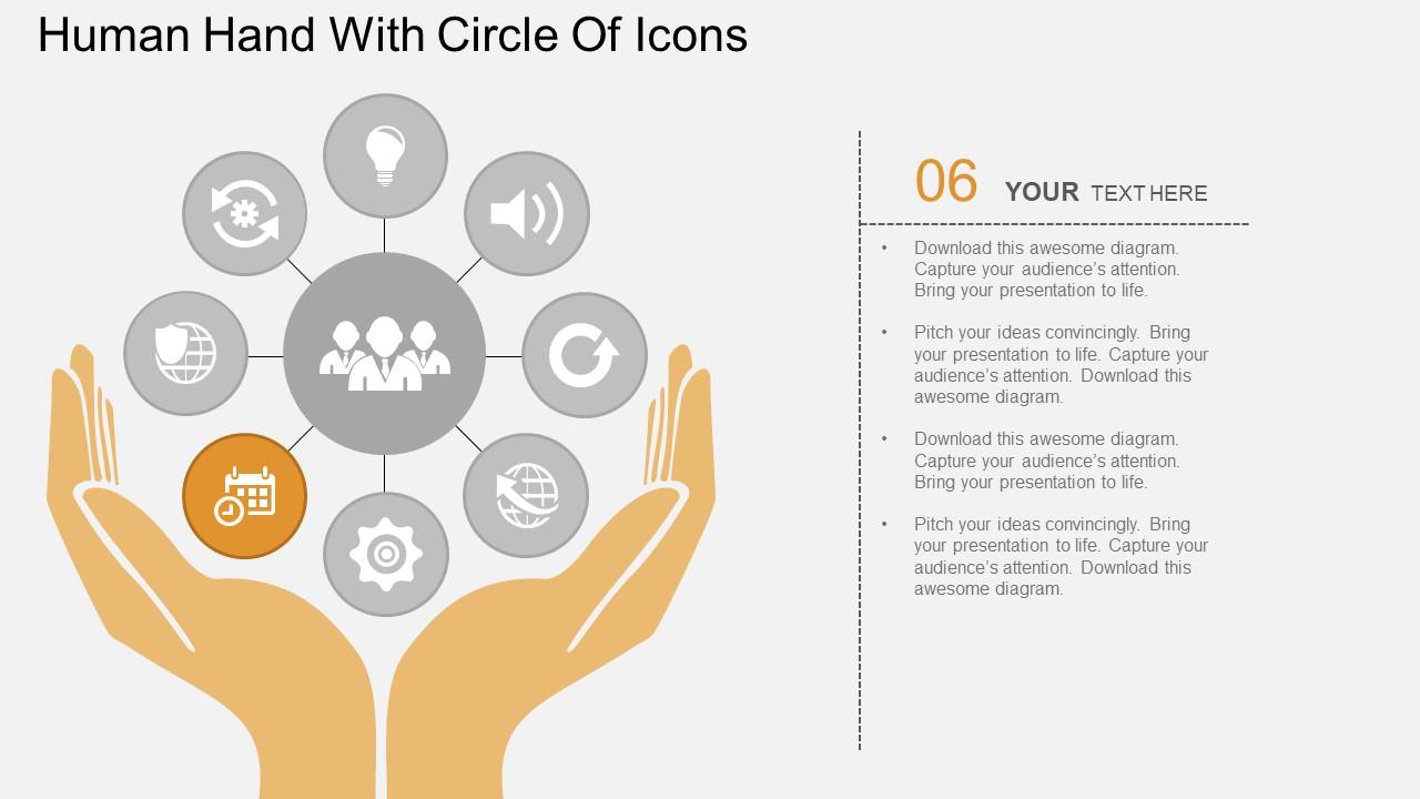 Sr Human Hand With Circle Of Icons Flat Powerpoint Design | PowerPoint ...