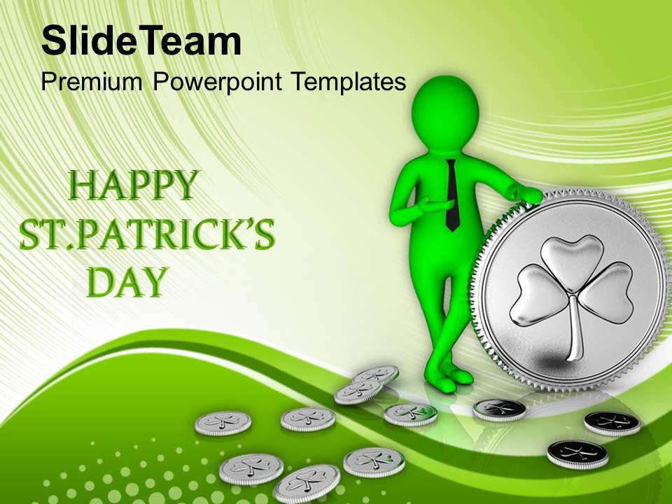 St patricks day green man with silver shamrock coins templates ppt backgrounds for slides Slide01