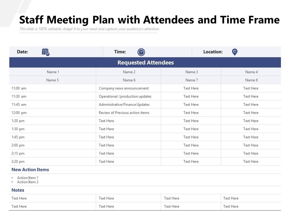 Staff meeting plan with attendees and time frame Slide00