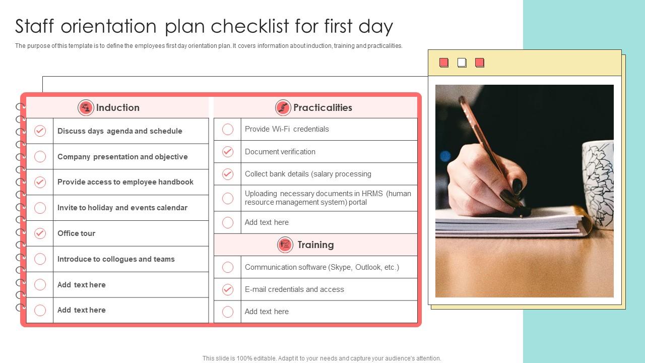 Staff Orientation Plan Checklist For First Day PPT Sample