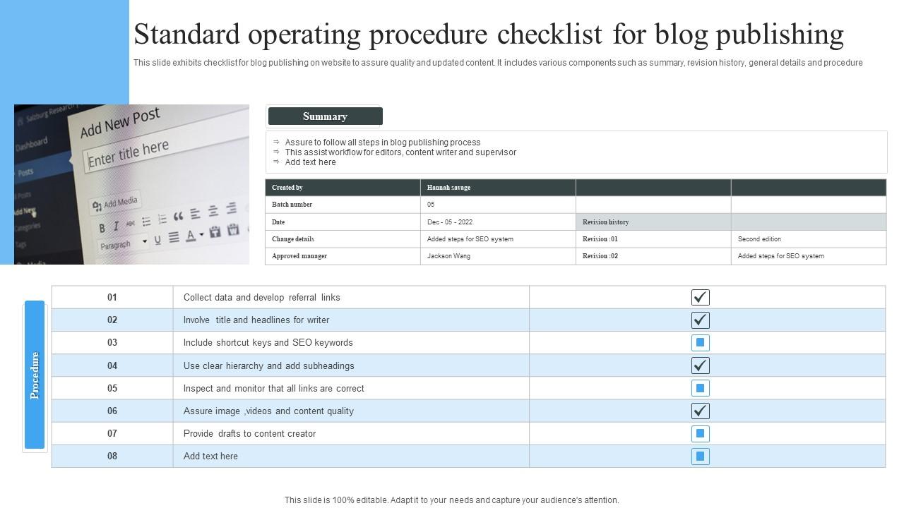 Standard Operating Procedure Checklist For Blog Publishing Slide01