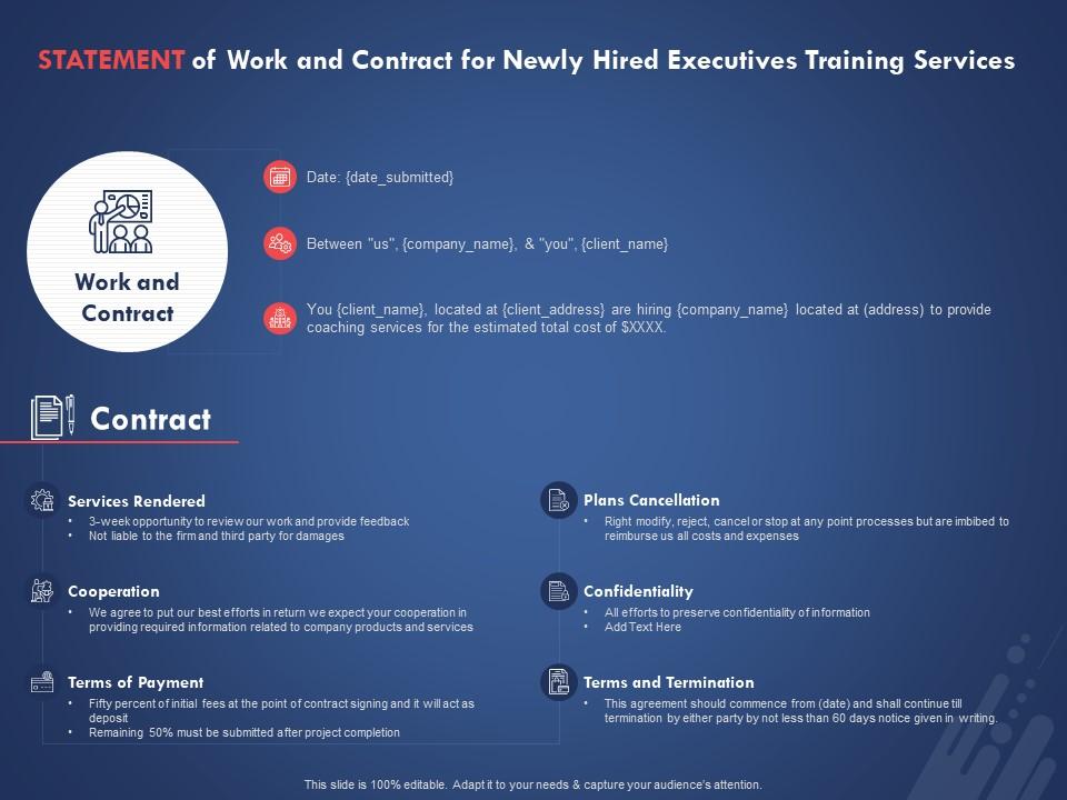 Statement of work and contract for newly hired executives training services ppt styles sample Slide01