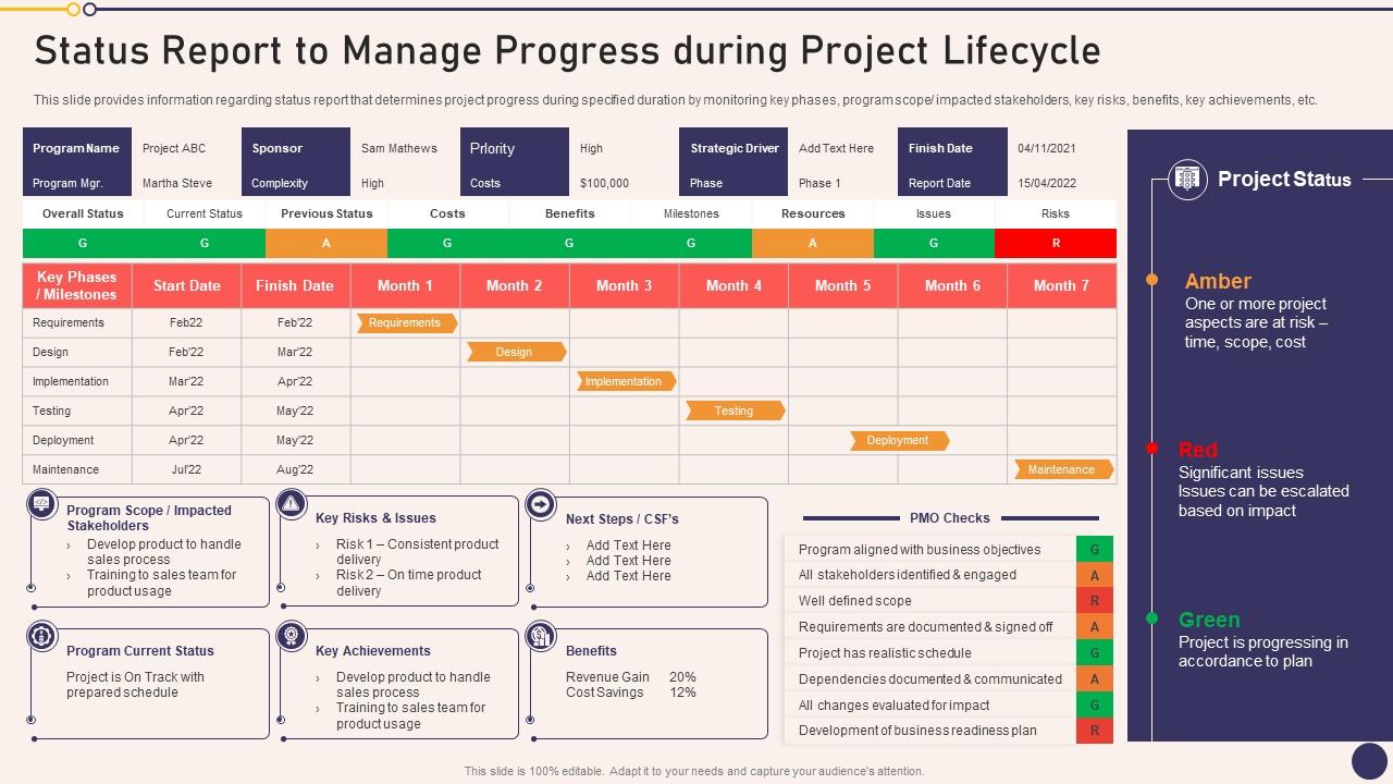 Status Report To Manage Progress During Project Managers Playbook