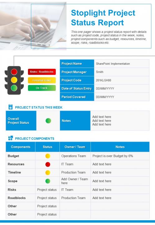 Stoplight project status report presentation report infographic ppt pdf document Slide01