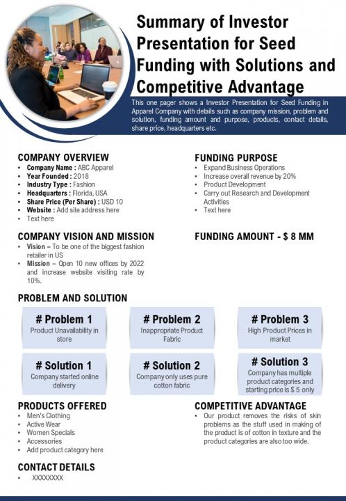 Summary of investor presentation for seed funding with solutions and competitive advantage pdf document Slide01