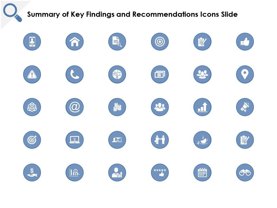 Summary of key findings and recommendations icons slide c182 ppt powerpoint presentation gallery example Slide01
