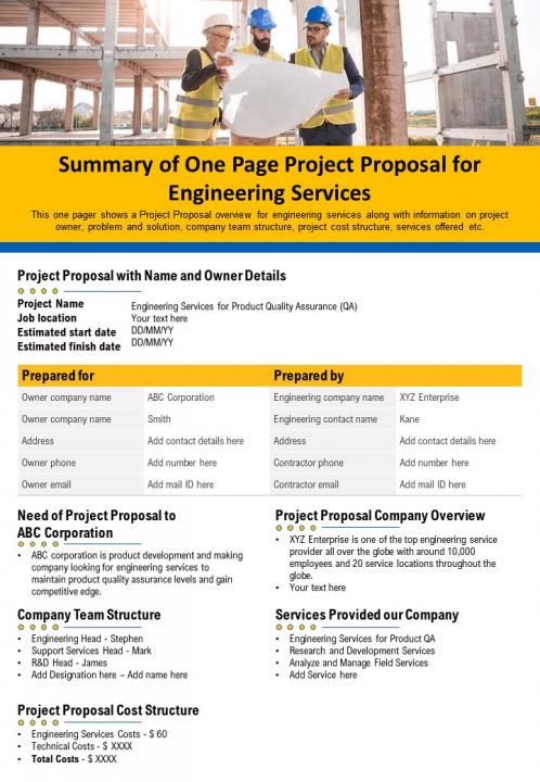 Summary of one page project proposal for engineering services presentation report ppt pdf document Slide01