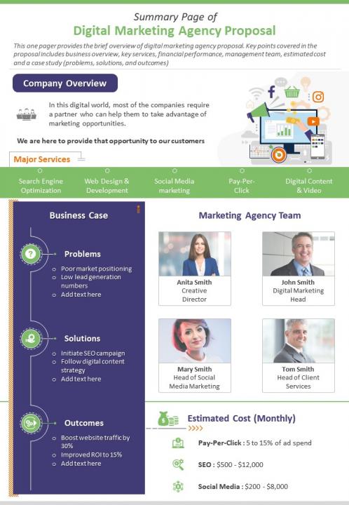 Summary page of digital marketing agency proposal presentation report infographic ppt pdf document Slide01