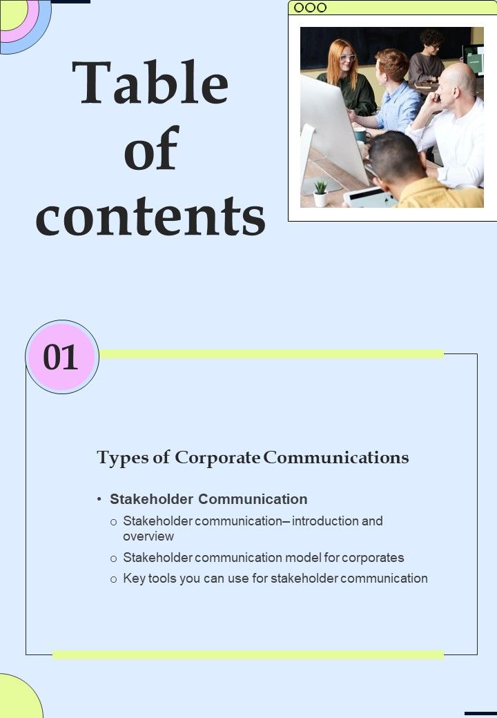 Table Of Contents Corporate Communication Playbook One Pager Sample ...