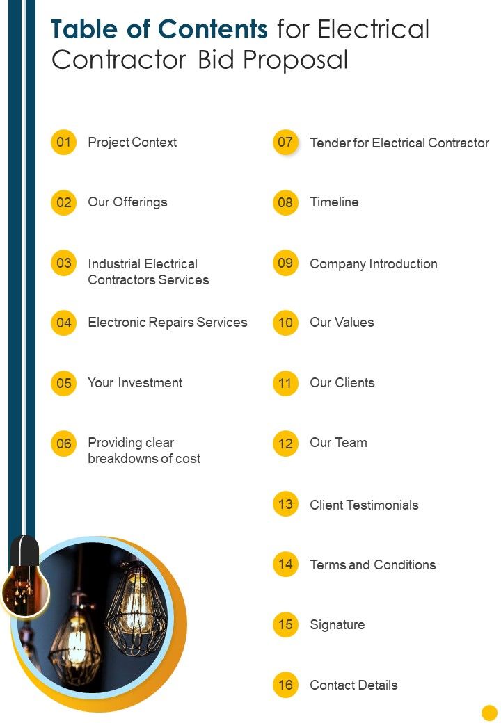 Table of contents for electrical contractor bid proposal one pager