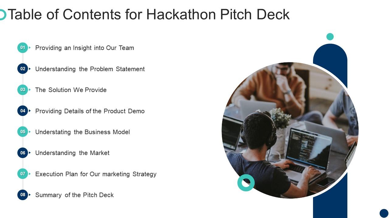 Table Of Contents For Hackathon Pitch Deck Ppt Model Slides