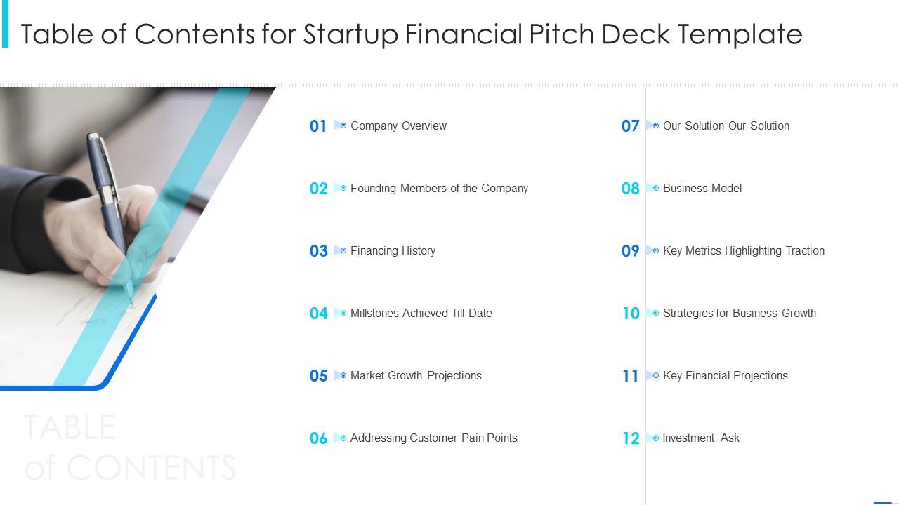 Table of contents for startup financial pitch deck template