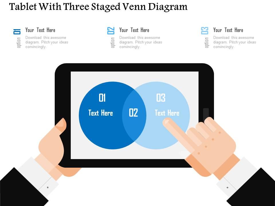 Tablet with three staged venn diagram flat powerpoint design Slide01
