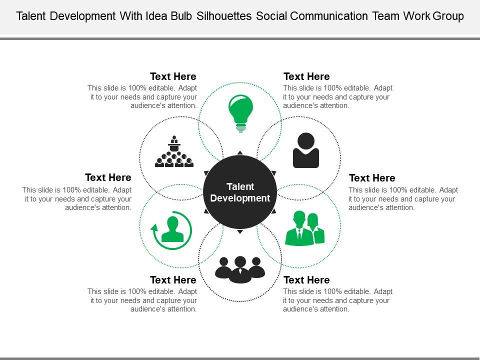 Talent development with idea bulb silhouettes social communication team work group Slide01