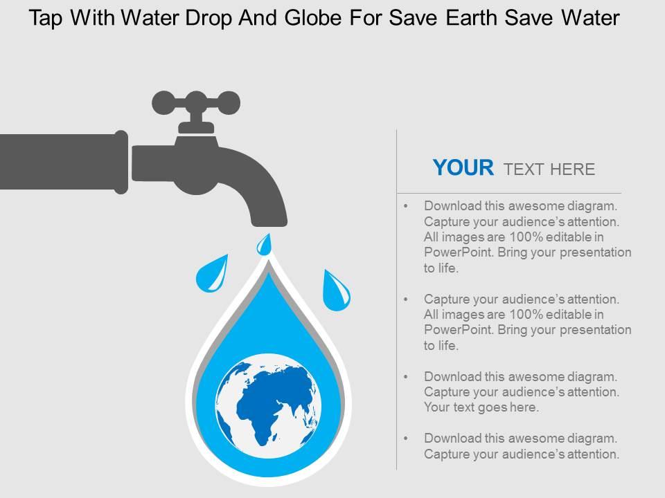 Tap with water drop and globe for save earth save water flat powerpoint design Slide01