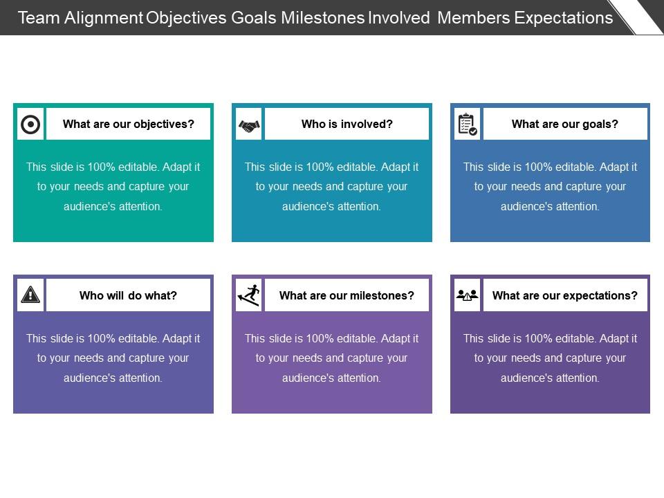 Team alignment objectives goals milestones involved members expectations Slide00