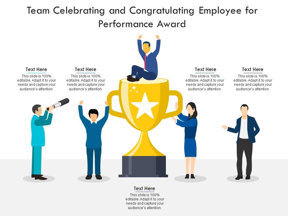 Team celebrating and congratulating employee for performance award infographic template