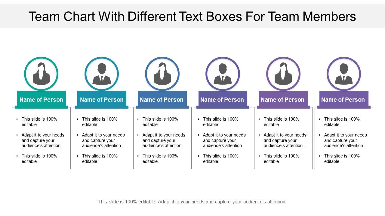 Team chart with different text boxes for team members Slide00