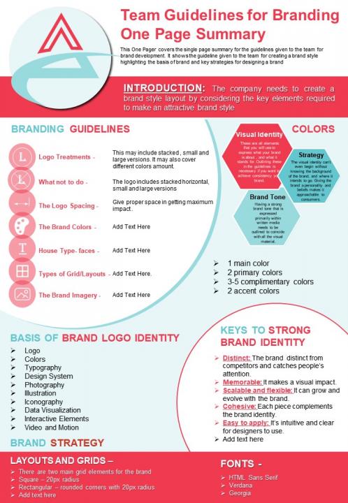 Team guidelines for branding one page summary presentation report infographic ppt pdf document Slide01
